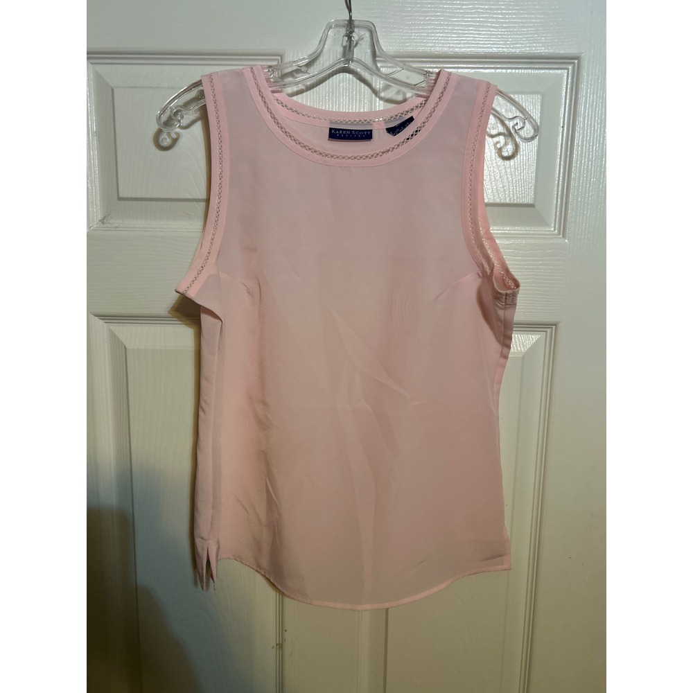 Karen Scott Petites Pink Sleeveless Blouse Crochet Trim Round Neck PM Petite M‎